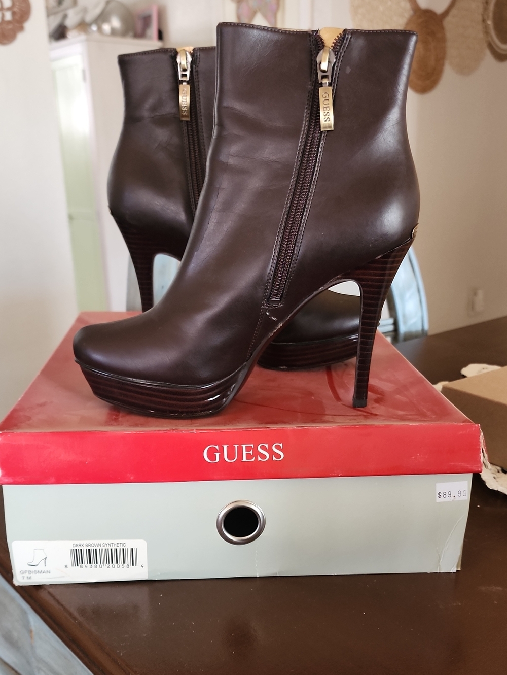 GUESS Brown Leather Platform Ankle Booties with Side Zipper